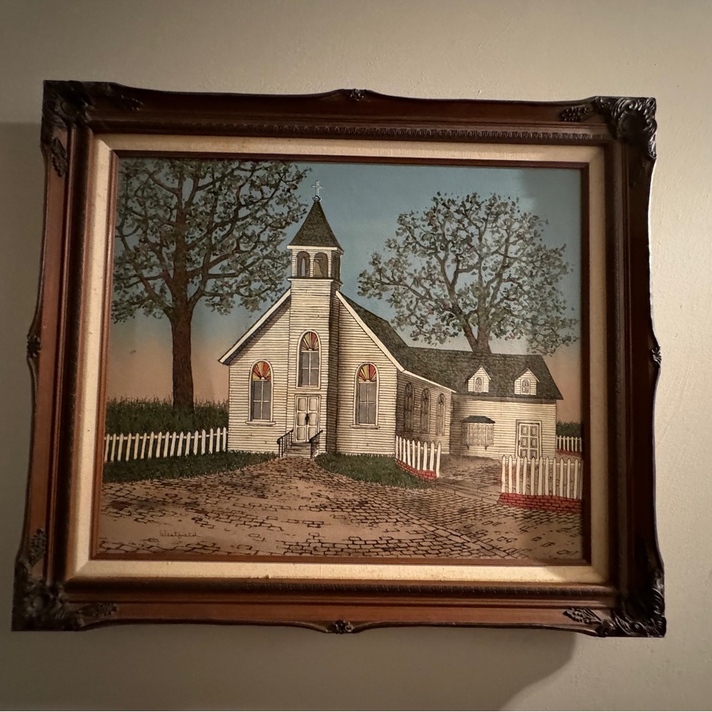 Vintage Church Scene Framed Art in Brown and Cream